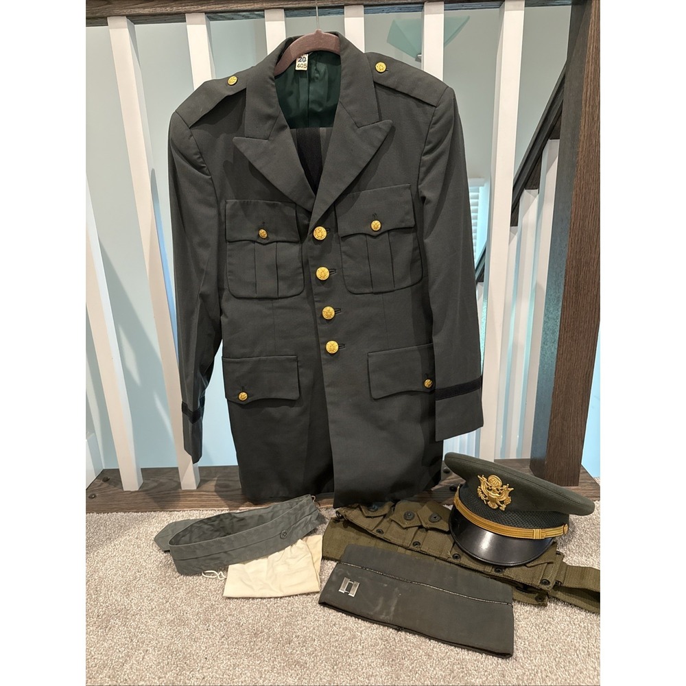 Vintage 1970s Vietnam Era US Army Green Dress Uniform M‎ Jacket 30R Pants 7 Hat